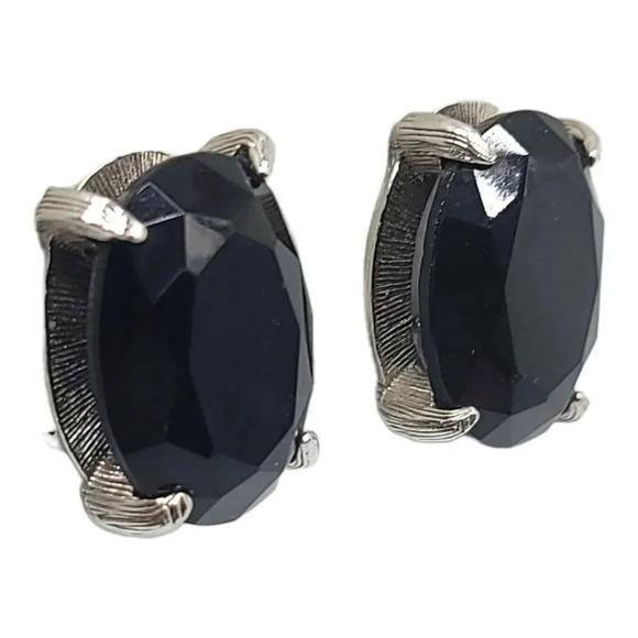 Large Black Oval Faceted Glass Rhinestone Silver Tone Clip On Earrings Vintage - Picture 2 of 6